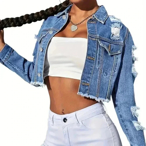 Ripped Holes Denim Distressed Long Sleeves Jacket - Picture 1 of 3